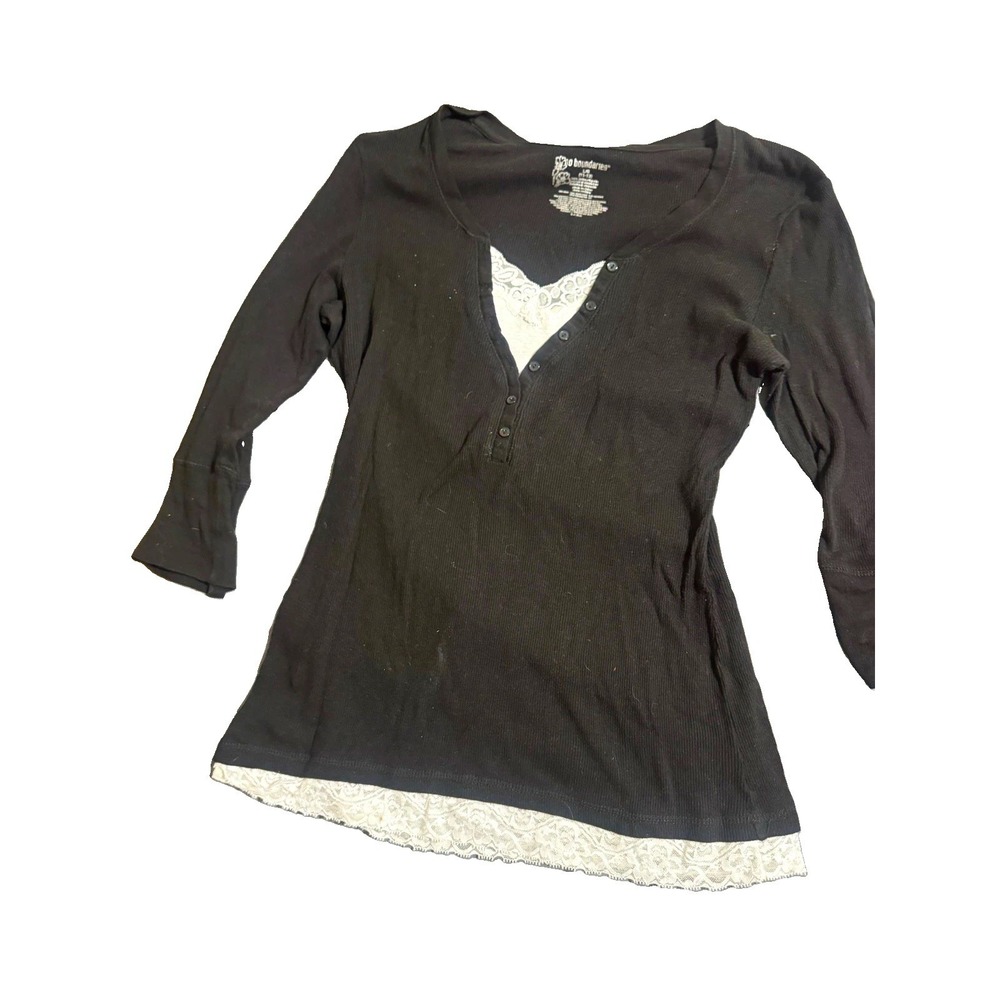 No Boundaries Black Ribbed Cotton Lace Trim Button V-Neck Sleepshirt Size L